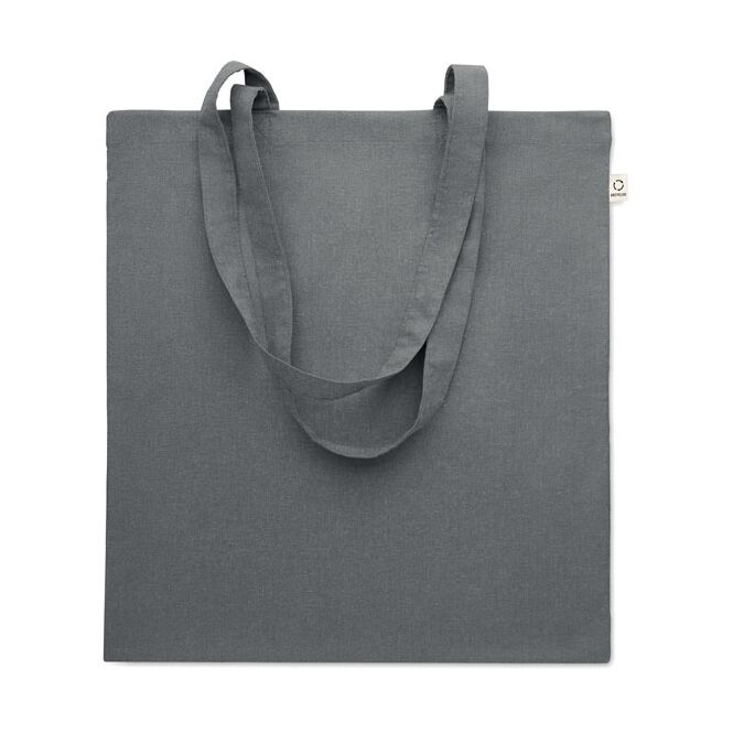 Mitarbeitergeschenk Einkaufstasche 140g/m² – dunkelgrau – mit Logo bedruckt 70% recycelte Baumwolle 30% RPET nachhaltige Stofftasche