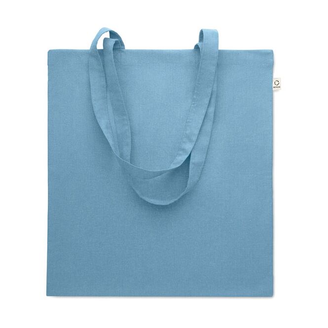 Firmengeschenk Tragetasche 70% recycelte Baumwolle 30% RPET – petrol – mit Logodruck 140g/m² – nachhaltiges Textil für CSR-Promotions