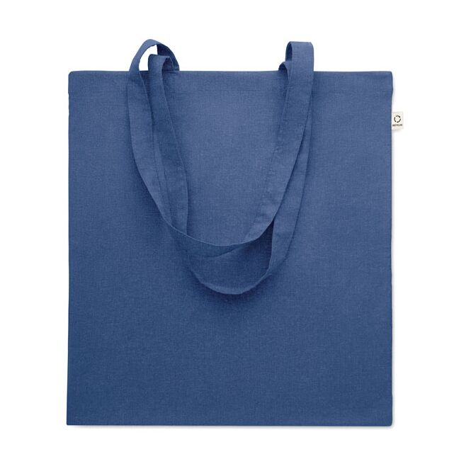 Mitarbeitergeschenk Tragetasche 70% recycelte Baumwolle/30% RPET – königsblau – mit Logodruck 140g/m² nachhaltige Stofftasche für CSR