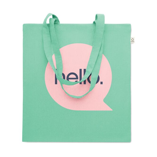 Firmengeschenk Tragetasche 70% recycelte Baumwolle 30% RPET – grün – mit Logodruck 140 g/m² nachhaltige Mehrwegtasche für CSR
