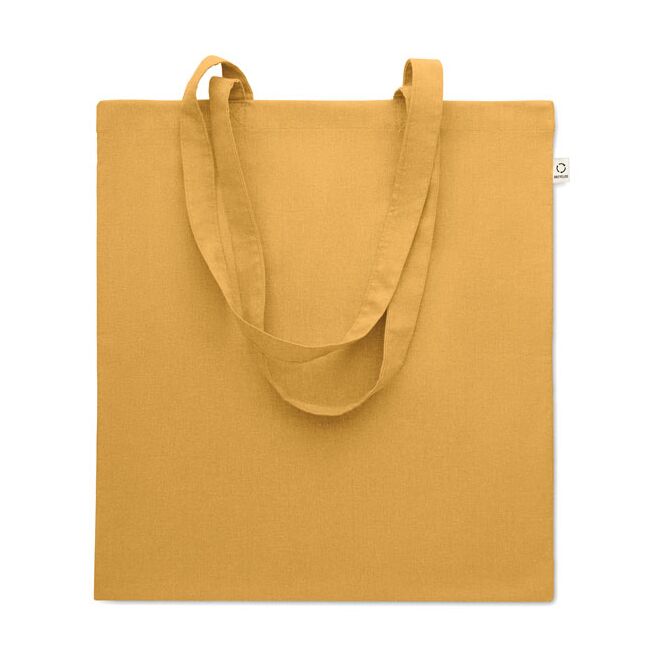 Werbeartikel Tragetasche 70% recycelte Baumwolle/30% RPET – ochre – mit Logodruck 140g/m² nachhaltige Stofftasche für CSR-Promotions