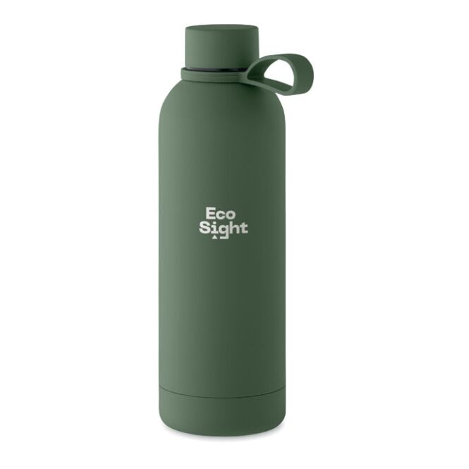 Kundengeschenk Trinkflasche 90% recycelter Edelstahl 500ml – dunkelgrün – mit Logo bedruckt, nachhaltige Mehrwegflasche für CSR