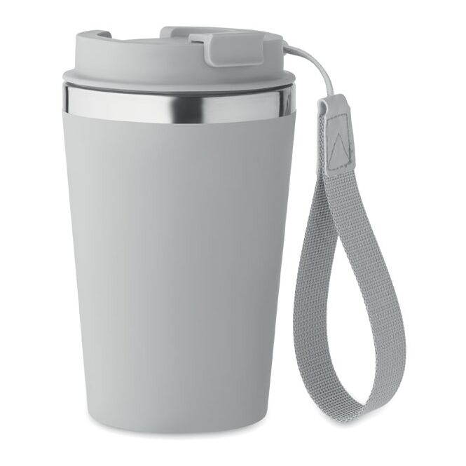 Firmengeschenk Thermobecher Doppelwandig – grau – mit Logodruck 350 ml nachhaltiger Mehrwegbecher für das Mitarbeiter-Onboarding