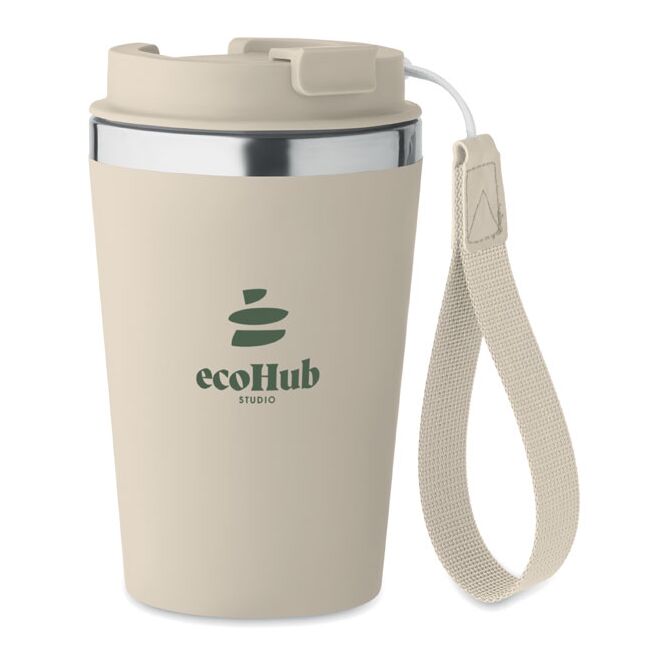 Werbeartikel Thermobecher Doppelwandiger Becher – beige – mit Logo bedruckt 350 ml nachhaltig für das Mitarbeiter-Onboarding