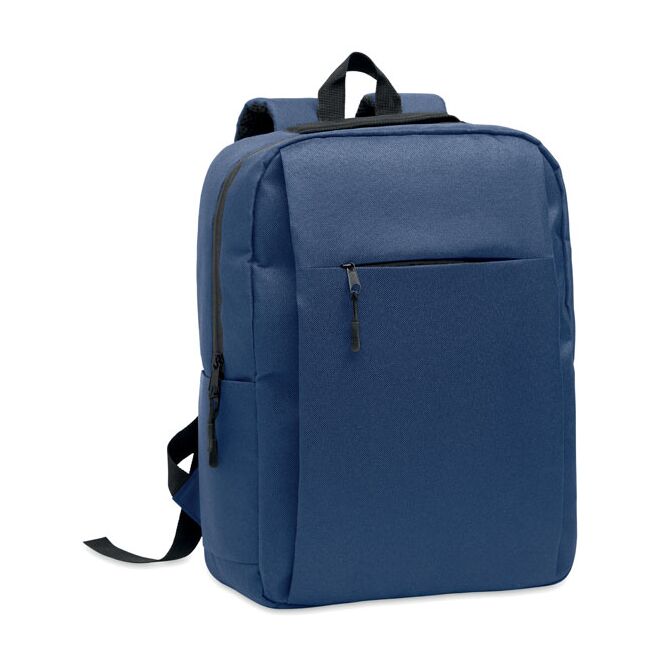 Werbeartikel 15 Zoll Laptop-Rucksack aus rPET – blau – mit Logo bedruckt für das Mitarbeiter-Onboarding und die Büroausstattung