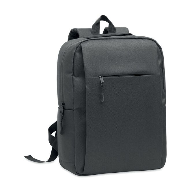 Mitarbeitergeschenk Laptop-Rucksack – dunkelgrau – mit Logo bedruckt nachhaltig aus rPET für 15 Zoll Notebooks für das Homeoffice