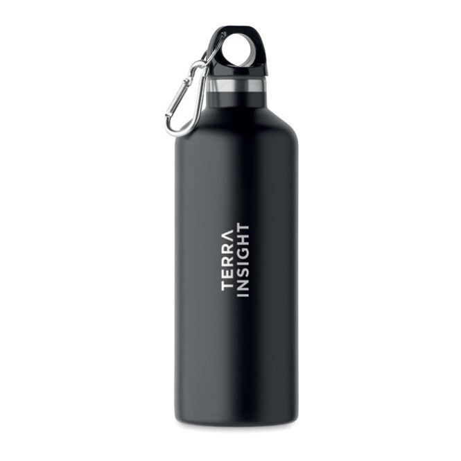 Kundengeschenk Trinkflasche 90% recycelter Edelstahl – schwarz – mit Logo bedruckt 500ml auslaufsicher nachhaltige Mehrwegflasche