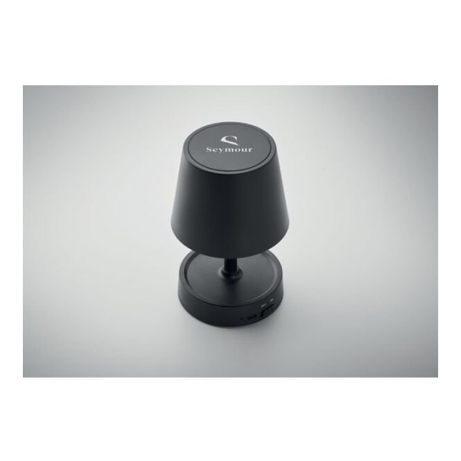 Firmengeschenk Tischlampe USB – schwarz – mit Werbedruck 12 LED Teleskopständer 1200 mAh Akku moderne Akkuleuchte für Büro
