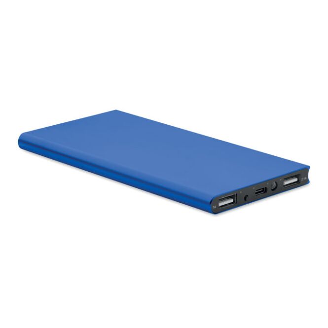 Werbeartikel Powerbank 8000 mAh aus recyceltem Aluminium – königsblau – mit Gravur nachhaltig für das Homeoffice oder Büroalltag