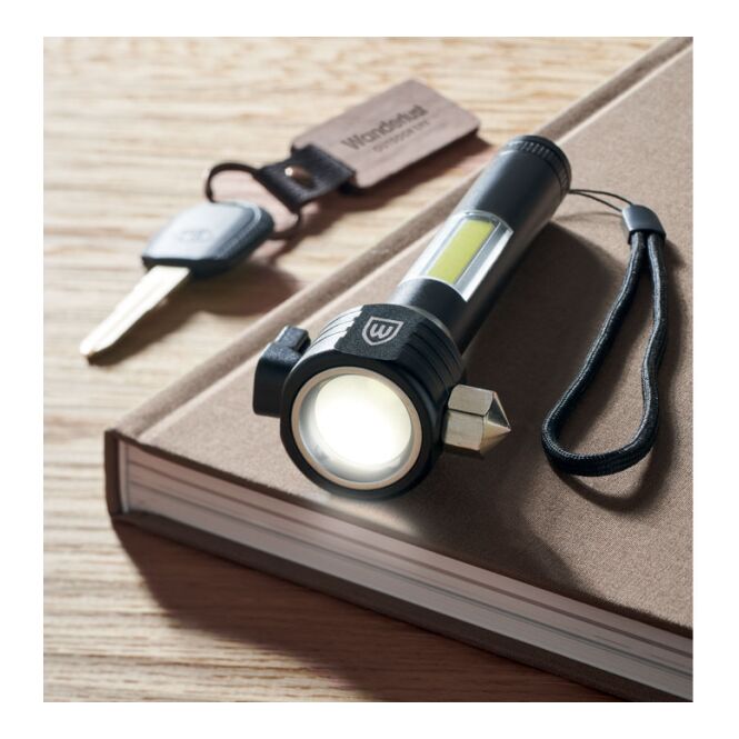 Werbeartikel Taschenlampe – schwarz – mit Logo bedruckt, COB-Licht, 500mAh-Akku, Notfallhammer, Gurtschneider, Magnet, als Werbemittel
