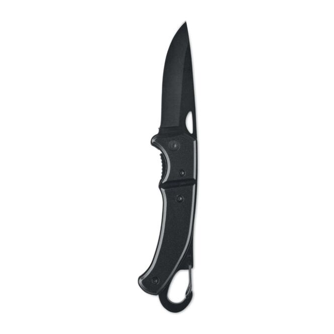 Kundengeschenk Taschenmesser Aluminium – schwarz – mit edler Gravur aus Edelstahl mit Karabiner – klassisches Klappmesser