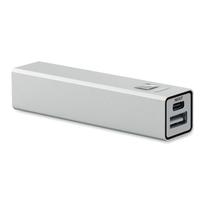 Premium-Werbeartikel Powerbank aus recyceltem Aluminium – mattsilber – mit Logo bedruckt 2600 mAh USB-C für Mitarbeiter-Onboarding