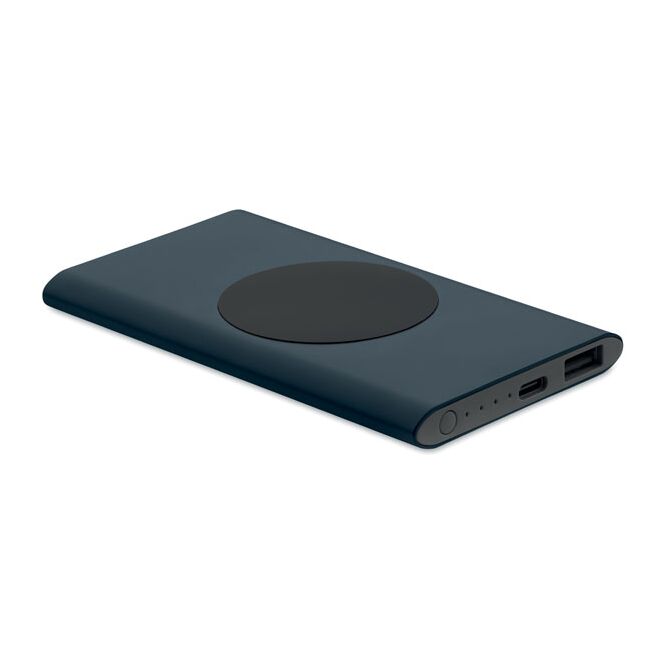 Premium-Werbeartikel Powerbank 5000 mAh 15W Wireless Charger – marineblau – mit Logo bedruckt nachhaltig für das Homeoffice