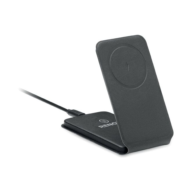 Firmengeschenk Klappbarer Wireless Charger 15W – schwarz – mit Logo bedruckt nachhaltiges Öko-Tech für das Homeoffice