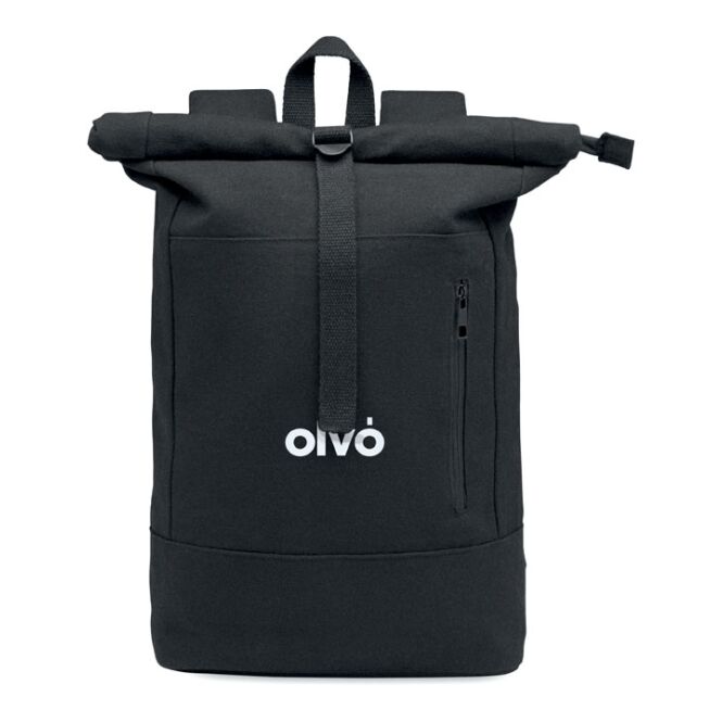 Mitarbeitergeschenk 15 Zoll Rolltop-Laptop-Rucksack – schwarz – nachhaltig mit Logo bedruckt für das Homeoffice