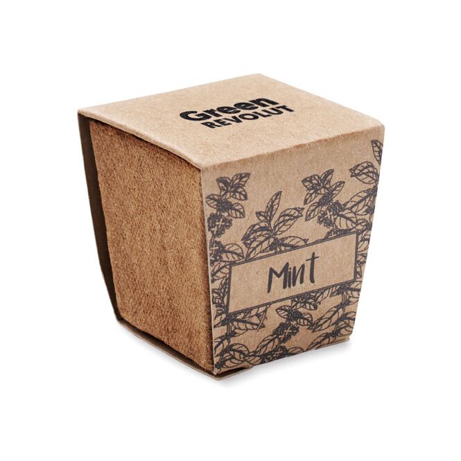 Mitarbeitergeschenk Pflanz-Set Minze – beige – mit Logo bedruckt, biologisch abbaubarer Torftopf, Made in EU, nachhaltiges Set