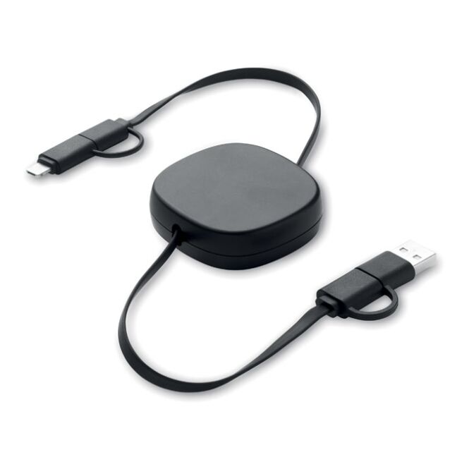 Werbegeschenk Einziehbares Ladekabel 60W – schwarz – mit Logo bedruckt 80 cm 2in1 Typ-C USB-A für den Büroalltag nachhaltiges ABS