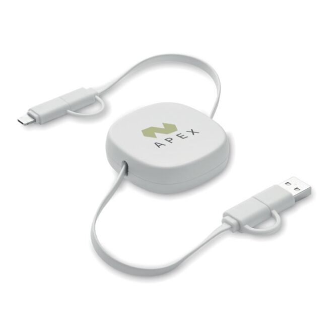 Streuartikel Einziehbares Ladekabel 60W – weiss – mit Logo bedruckt, 80 cm, aus recyceltem ABS, 2in1 Typ-C/Typ-A, für den Büroalltag