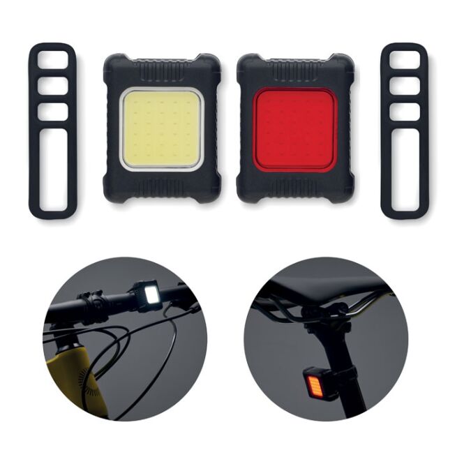 Werbeartikel Fahrradlicht COB-Lampen-Set – schwarz – mit Logo bedruckt, 3 Modi, 100mAh Akku, kompakte Fahrradbeleuchtung