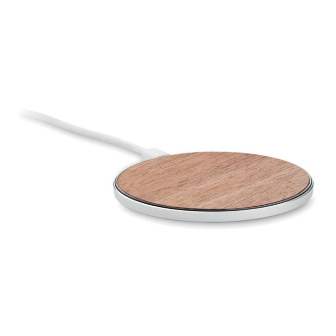 Firmengeschenk Wireless Charger – holzfarben – mit Logo bedruckt 15W Qi-Standard nachhaltig für das Mitarbeiter-Onboarding