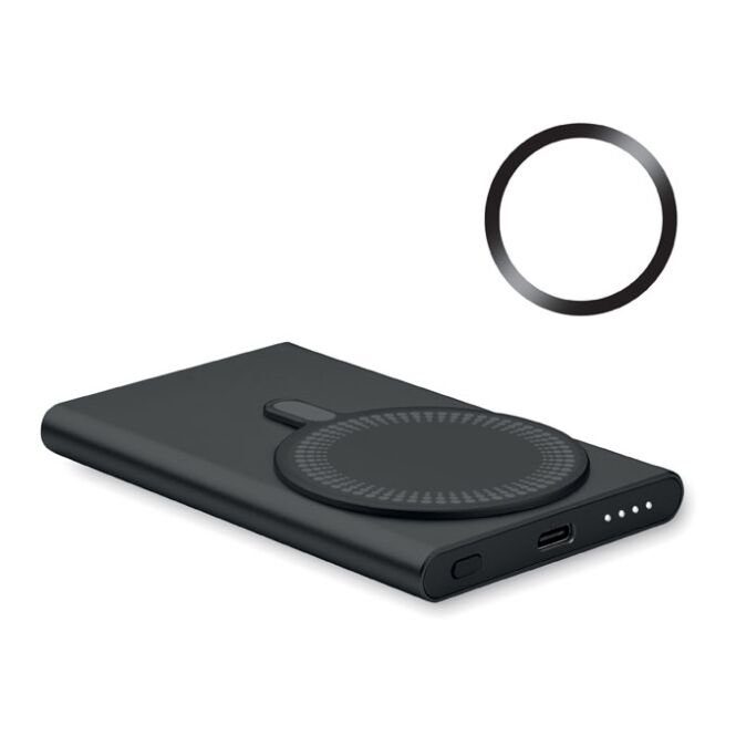 Firmengeschenk Powerbank 15W – schwarz – lasergraviert 5000 mAh Qi-Standard Typ-C PD für das Mitarbeiter-Onboarding nachhaltig