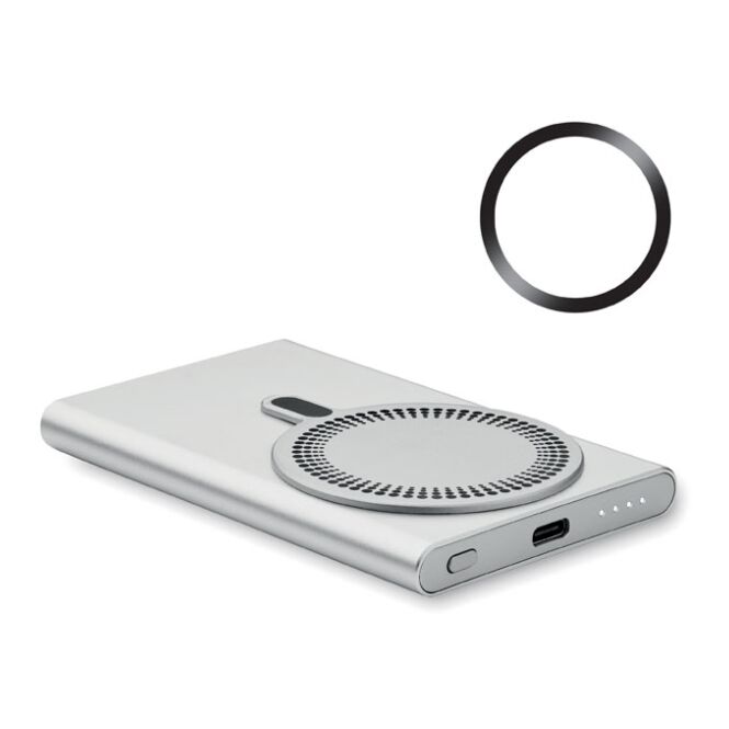 Premium-Werbeartikel Powerbank mit Wireless Charger 15W – mattsilber – mit Gravur 5000 mAh USB-C PD für das Mitarbeiter-Onboarding