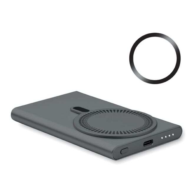 Premium-Werbeartikel Powerbank mit Ladestation – titan – lasergraviert 5000 mAh 15W Qi-Standard USB-C für das Mitarbeiter-Onboarding