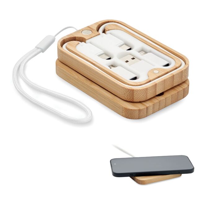 Premium-Werbeartikel Wireless Charger 15W aus Bambus – holzfarben – mit Gravur 3-in-1 Ladekabel für das Homeoffice nachhaltig