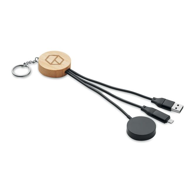 Werbeartikel 4in1 Ladekabel Schlüsselring – schwarz – mit Logo bedruckt nachhaltig aus Bambus mit 60W für den Büroalltag