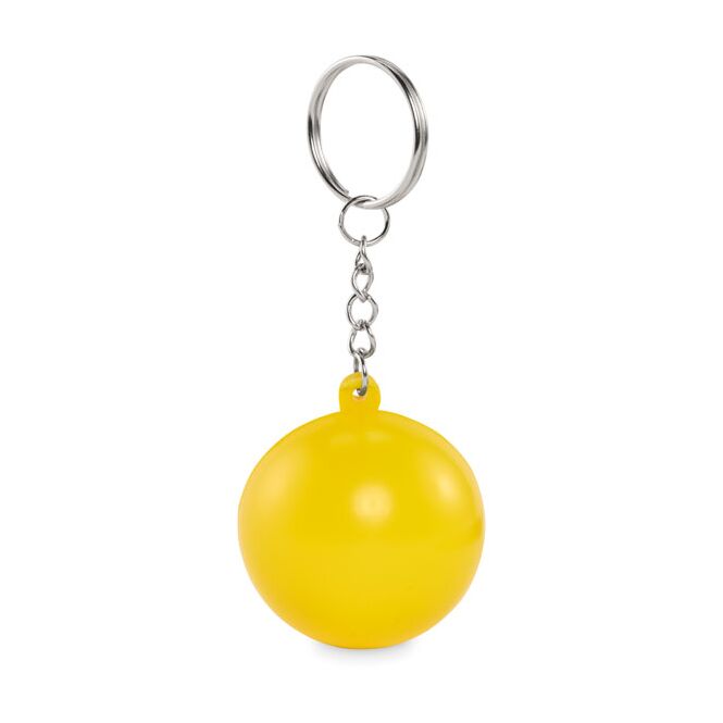 Werbeartikel Schlüsselanhänger Kugelform PU – gelb – mit Logo bedruckt als praktisches Messe-Giveaway für Firmen