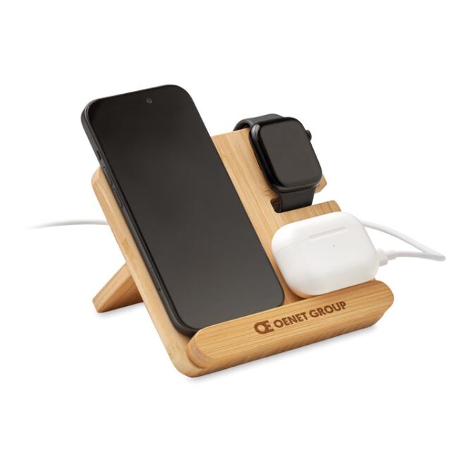 Firmengeschenk 3in1 Wireless Charger Bambus 15W – holzfarben – mit Logo bedruckt nachhaltig für das Homeoffice und Mitarbeiter-Onboarding