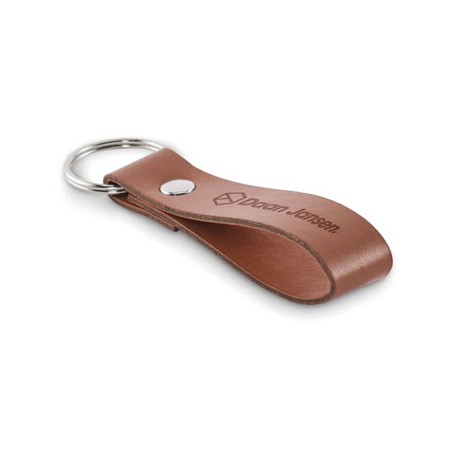 Firmengeschenk Schlüsselring mit Schlaufe PU – braun – mit Logo bedruckt als praktisches Messe-Giveaway für den Firmen-Schlüsselbund