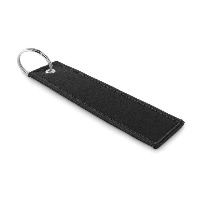 Streuartikel Schlüsselring Polyester Tag – schwarz – mit Logo bedruckt als praktisches Messe-Giveaway für den Firmen-Schlüsselbund