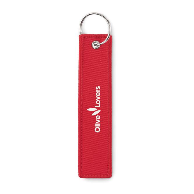 Werbeartikel Schlüsselring Polyester Tag – rot – mit Logo bedruckt für den Firmen-Schlüsselbund als Messe-Giveaway