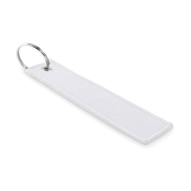 Streuartikel Polyester Schlüsselanhänger – weiss – mit Logo bedruckt als Messe-Giveaway für den Firmen-Schlüsselbund