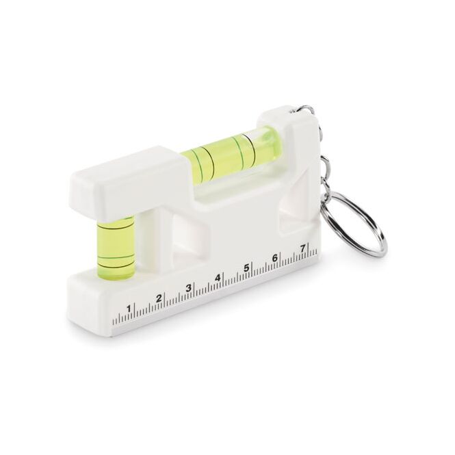 Werbegeschenk Multifunktions-Schlüsselanhänger – weiss – mit Logo bedruckt, inklusive Wasserwaage, Magnet und Lineal für Firmen