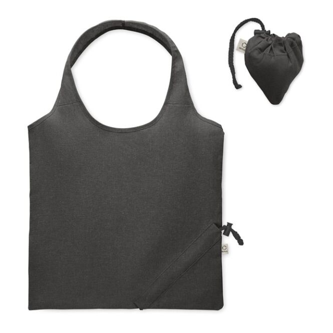 Werbeartikel Tragetasche – schwarz – mit Logodruck 70% recycelte Baumwolle 30% RPET 140g/m² nachhaltige Mehrwegtasche für CSR