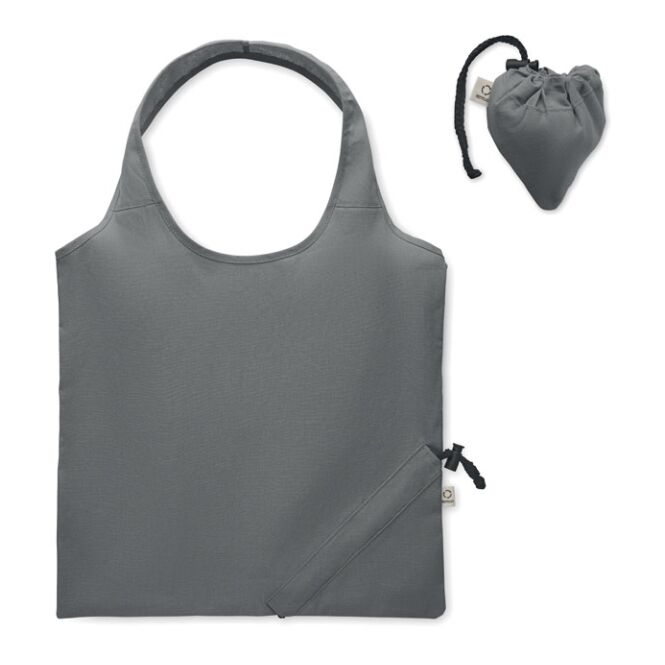 Werbeartikel Tragetasche – dunkelgrau – mit Logodruck 70% recycelte Baumwolle 30% rPET 140 g/m² nachhaltige Alternative für CSR-Promotions