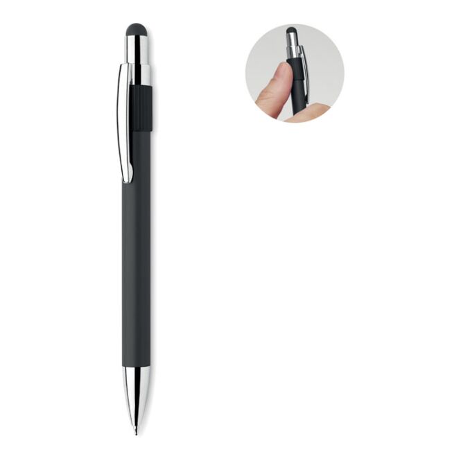 Kundengeschenk Metall-Druckkugelschreiber mit Stylus – schwarz – mit Logo bedruckt blau schreibend für die Büroausstattung nachhaltig