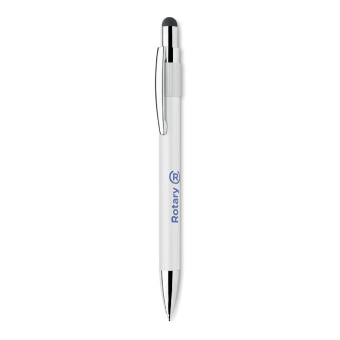 Firmengeschenk Metall-Druckkugelschreiber mit Stylus – weiss – mit Logo bedruckt, blau schreibend, für die Büroausstattung