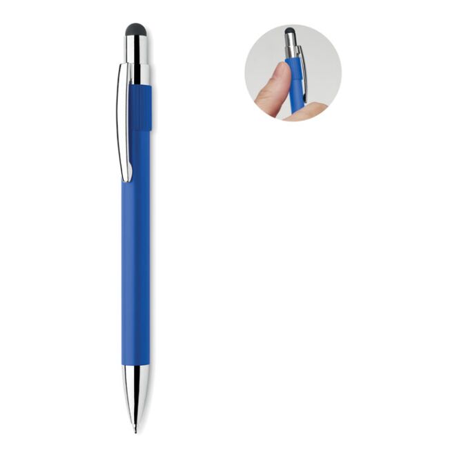 Firmengeschenk Metall-Druckkugelschreiber – königsblau – mit Gravur blau schreibend mit Stylus für den Büroalltag
