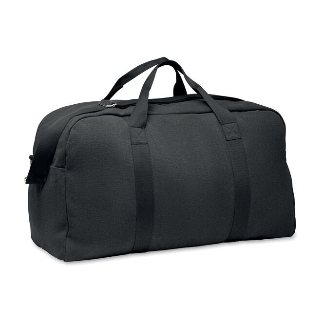 Mitarbeitergeschenk Reisetasche 450g/m² – schwarz – mit Logo bedruckt 60% rBaumwolle 40% rPolyester nachhaltiges Reisegepäck für CSR