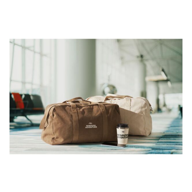 Firmengeschenk Reisetasche khaki – mit Logodruck 450g/qm 60% recycelte Baumwolle 40% rPET nachhaltige Stofftasche für CSR-Promotions