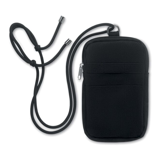 Werbeartikel Crossbody-Smartphone-Tasche RPET – schwarz – mit Logo bedruckt nachhaltig für den Büroalltag