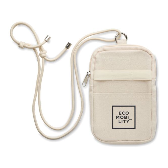 Streuartikel Crossbody-Smartphone-Tasche RPET – beige – mit Logo bedruckt nachhaltig für den Büroalltag
