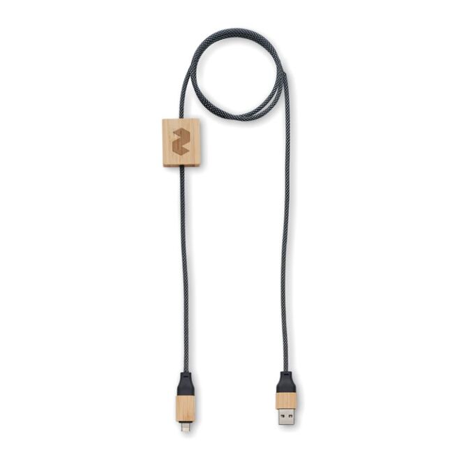 Streuartikel 60W Ladekabel – holzfarben – mit Logo bedruckt, nachhaltiges RPET mit Bambus, 2-in-1 Typ-C/Typ-A Anschlüsse für den Büroalltag