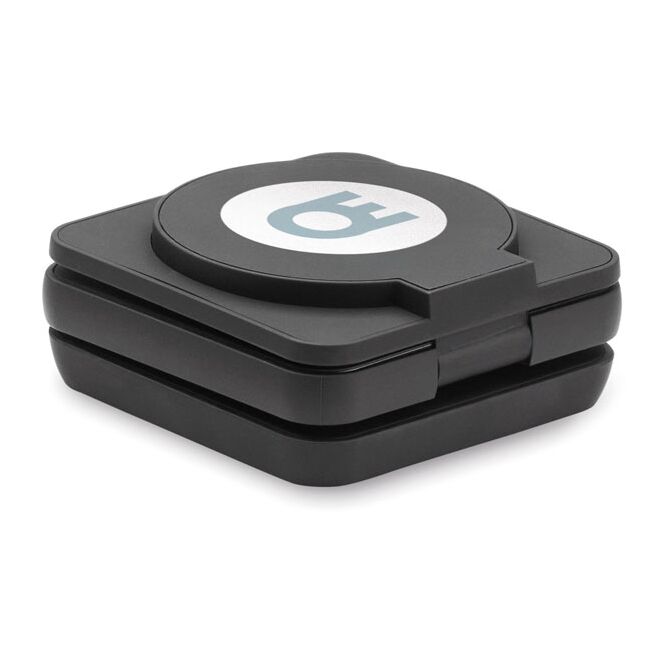 Premium-Werbeartikel 3in1 Wireless Charger faltbar – schwarz – mit Logo bedruckt 15W für das Homeoffice und Mitarbeiter-Onboarding