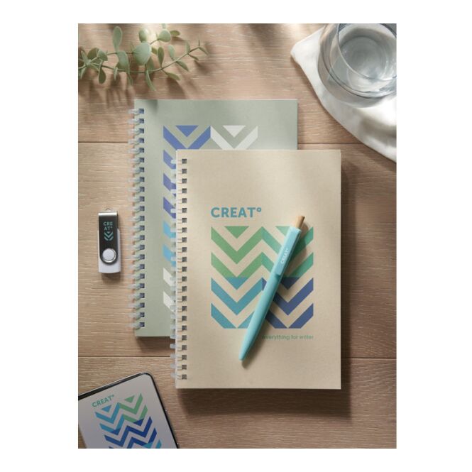 Firmengeschenk Notizbuch DIN A5 Karton – beige – mit individuellem Werbedruck 80 Blatt Recyclingpapier nachhaltiges Journal