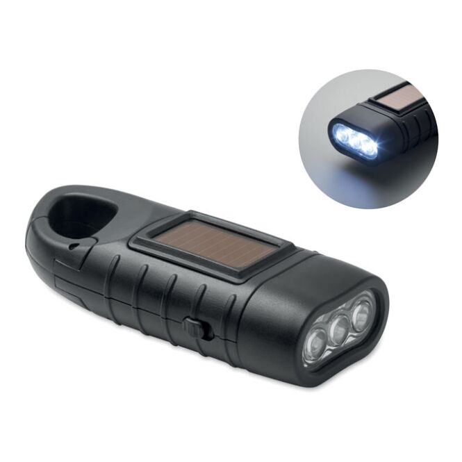 Premium-Werbeartikel Solar-Dynamo-Taschenlampe – schwarz – mit Logo bedruckt nachhaltig 3 LED-Lichter für den Büroalltag