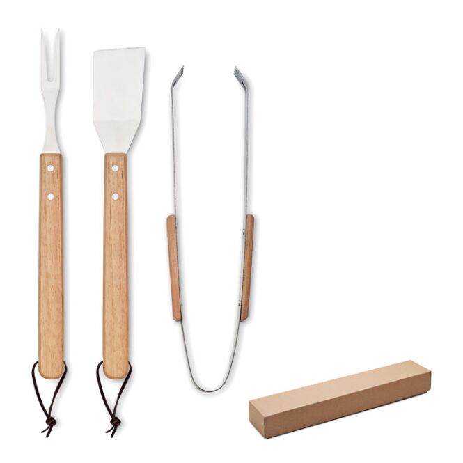 Premium-Werbeartikel BBQ-Set Eiche – holzfarben – mit Gravur, 3-teilig mit Grillzange, Grillgabel & Schaufel für Firmen-Events